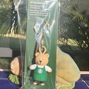 NWT Starbucks Green Apron Bearista Bear Reusable Hot Cup Lid Stopper Keychain